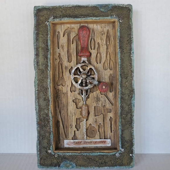 Vintage Russ Tool Box Treasures Wall Hanging Hand Drill - C . 1900 Resin Plaque - Picture 1 of 9